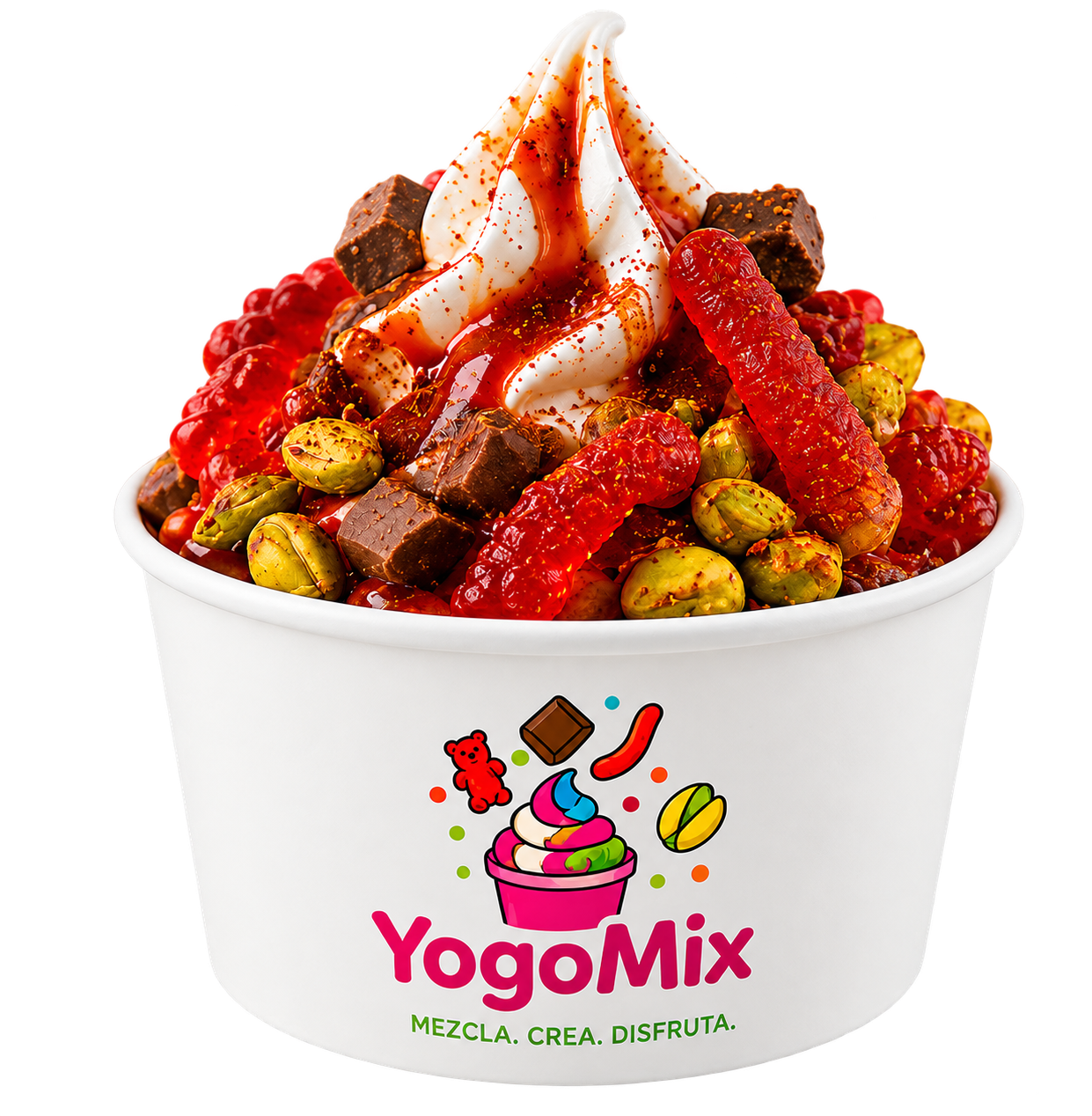 YogoMix con gomitas, chocolate, toppings crujientes y salsa roja